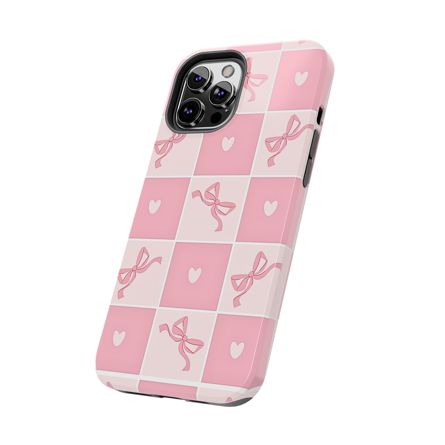 Girly Pink Bow and Heart Grid Pastel Tough Phone Case | Aesthetic
