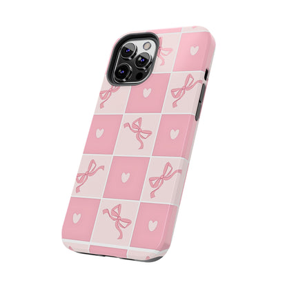 Girly Pink Bow and Heart Grid Pastel Tough Phone Case | Aesthetic