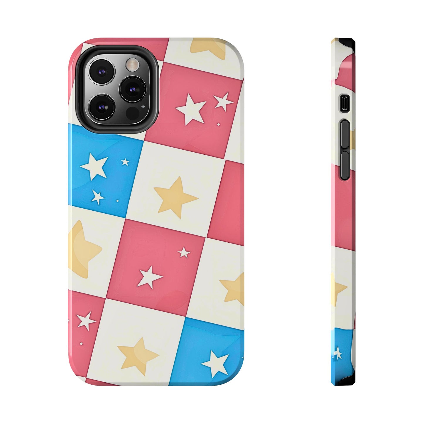 Preppy Checkered Pink & Blue Yellow Stars Tough Phone Case | Aesthetic