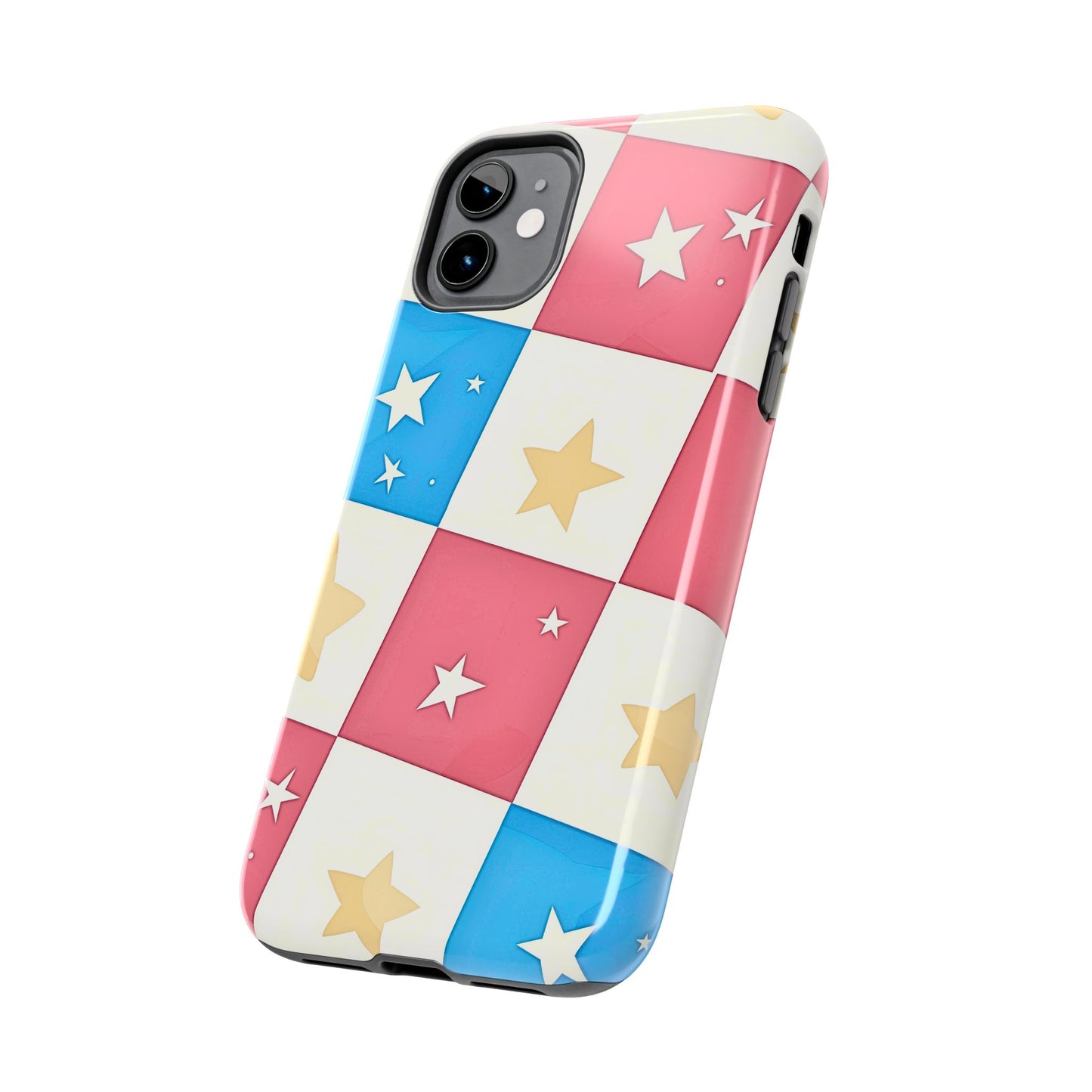 Preppy Checkered Pink & Blue Yellow Stars Tough Phone Case | Aesthetic