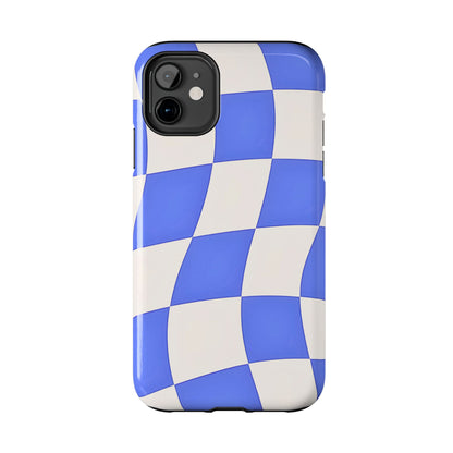 Funda resistente para teléfono con estampado ondulado de cuadros azules | Estética