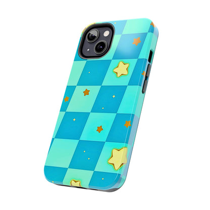 Vibrant Preppy Checkered Blue & Yellow Stars Tough Phone Case | Aesthetic