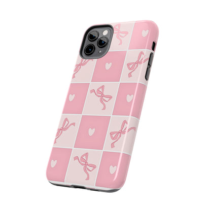 Girly Pink Bow and Heart Grid Pastel Tough Phone Case | Aesthetic