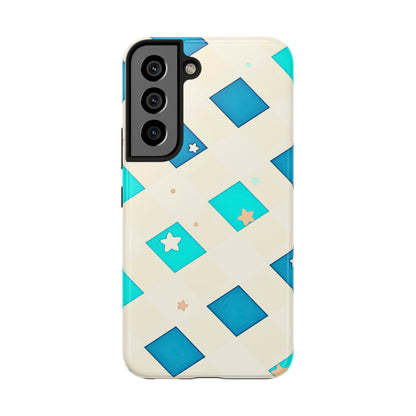 Modern Preppy Checkered Teal Stars Tough Phone Case | Aesthetic