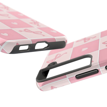 Girly Pink Bow and Heart Grid Pastel Tough Phone Case | Aesthetic