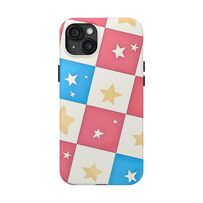 Preppy Checkered Pink & Blue Yellow Stars Tough Phone Case | Aesthetic