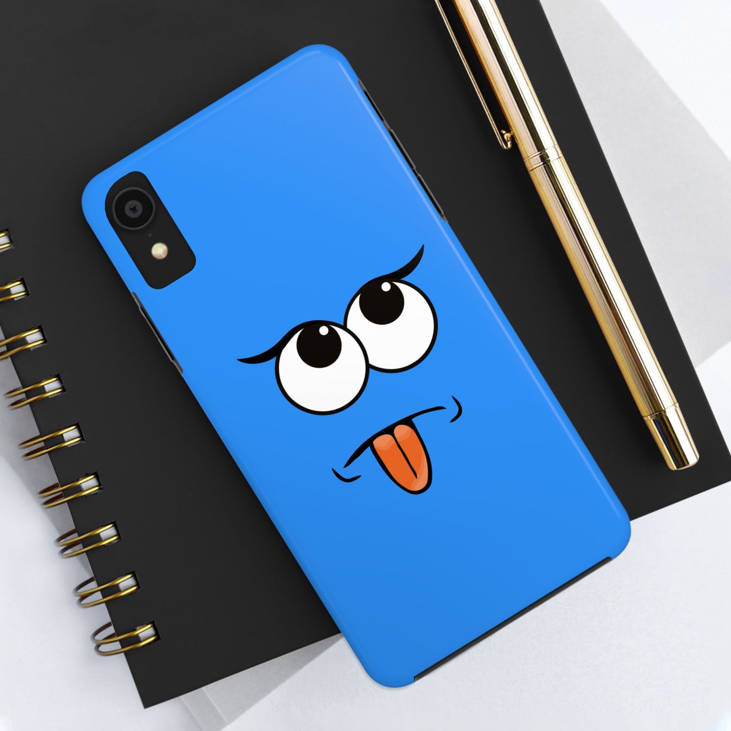 Silly Tongue Out Cartoon Face Blue Background Tough Phone Case | Funny