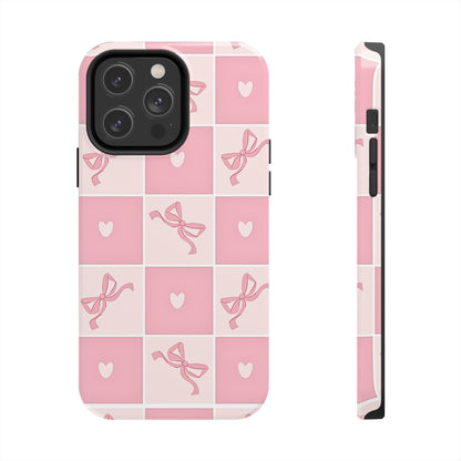 Girly Pink Bow and Heart Grid Pastel Tough Phone Case | Aesthetic
