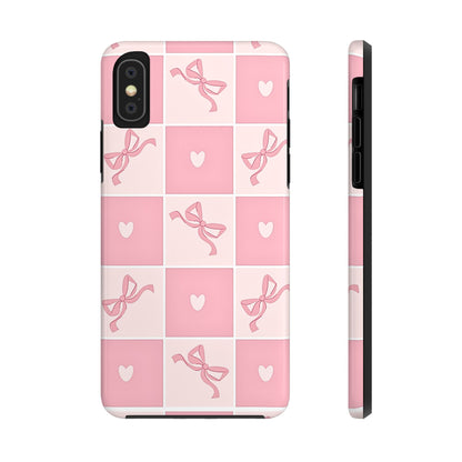Girly Pink Bow and Heart Grid Pastel Tough Phone Case | Aesthetic