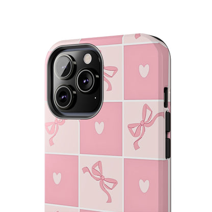 Girly Pink Bow and Heart Grid Pastel Tough Phone Case | Aesthetic