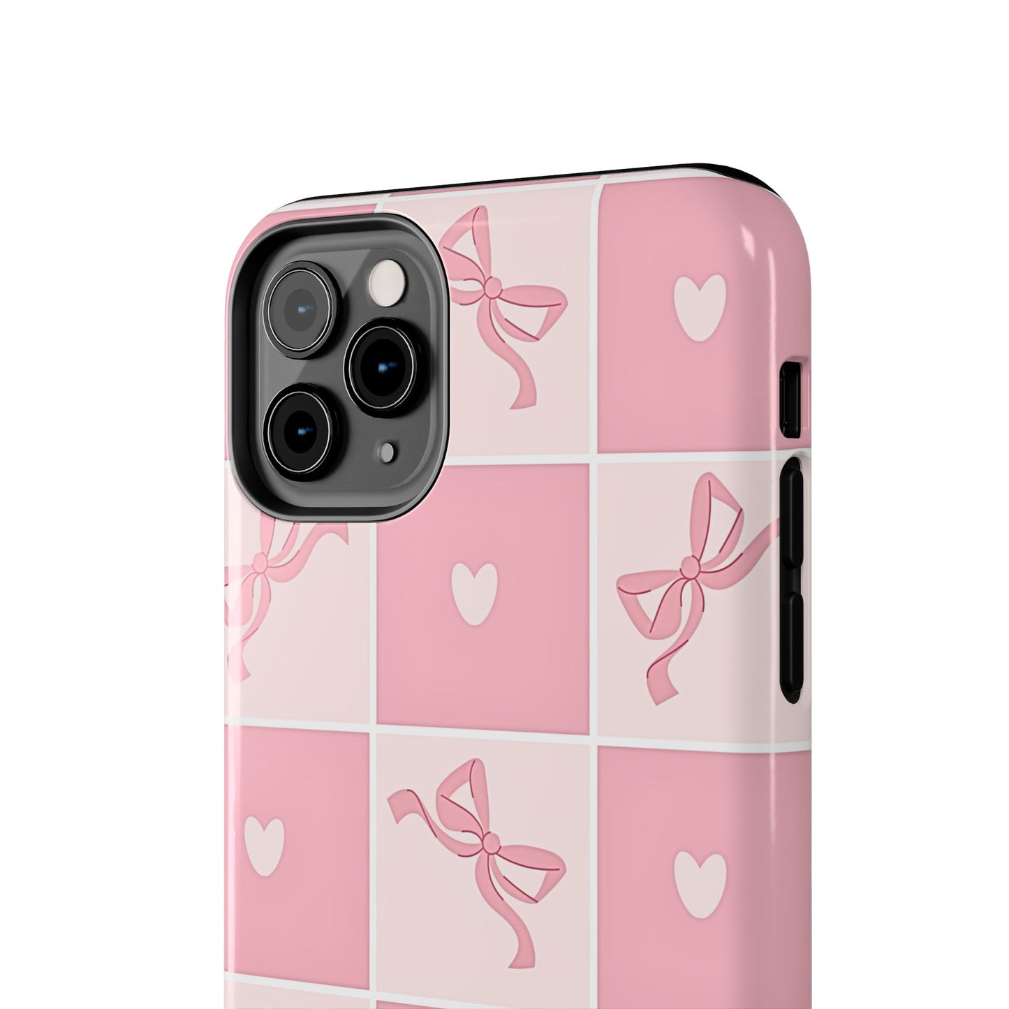 Girly Pink Bow and Heart Grid Pastel Tough Phone Case | Aesthetic