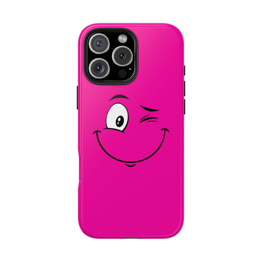 Winking Face Pink Background Cheeky Cartoon Style Tough Phone Case | Funny