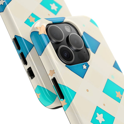 Modern Preppy Checkered Teal Stars Tough Phone Case | Aesthetic