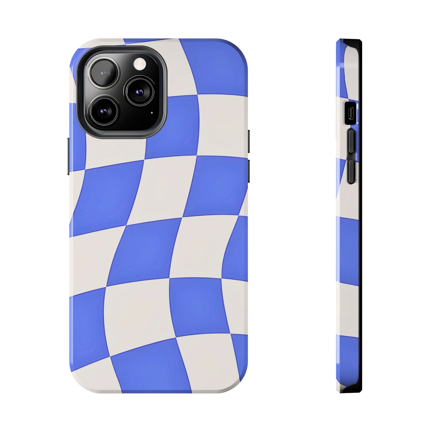 Funda resistente para teléfono con estampado ondulado de cuadros azules | Estética