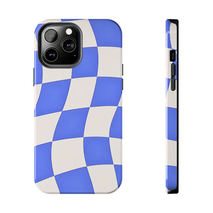 Funda resistente para teléfono con estampado ondulado de cuadros azules | Estética