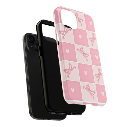 Girly Pink Bow and Heart Grid Pastel Tough Phone Case | Aesthetic