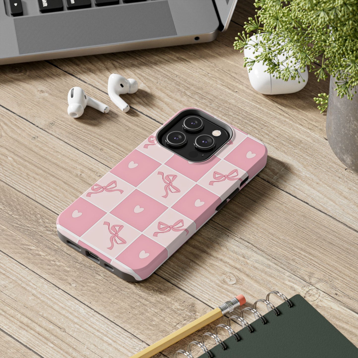 Girly Pink Bow and Heart Grid Pastel Tough Phone Case | Aesthetic