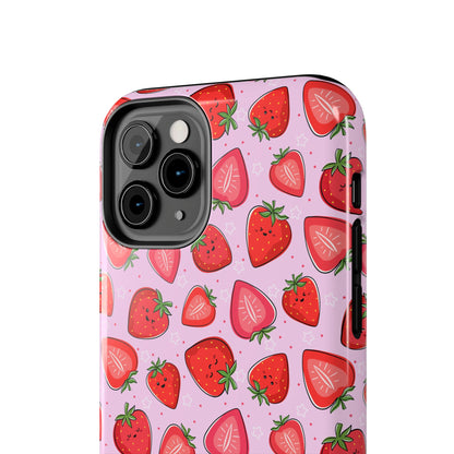 Kawaii Strawberry Cartoon Pattern Pink Aesthetic Tough Phone Case | Food