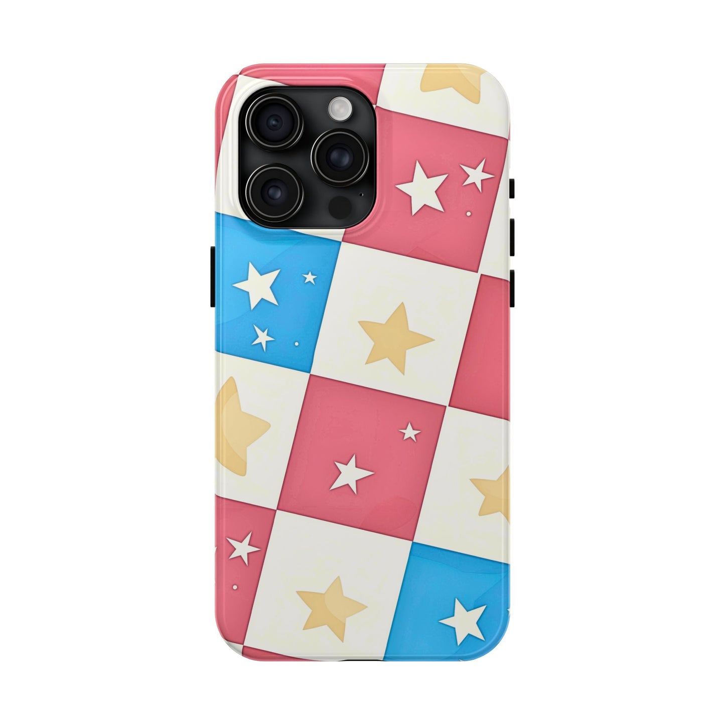 Preppy Checkered Pink & Blue Yellow Stars Tough Phone Case | Aesthetic