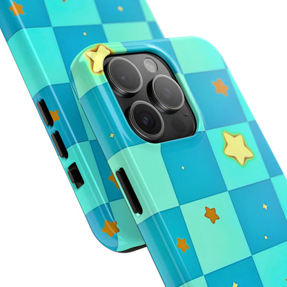 Vibrant Preppy Checkered Blue & Yellow Stars Tough Phone Case | Aesthetic