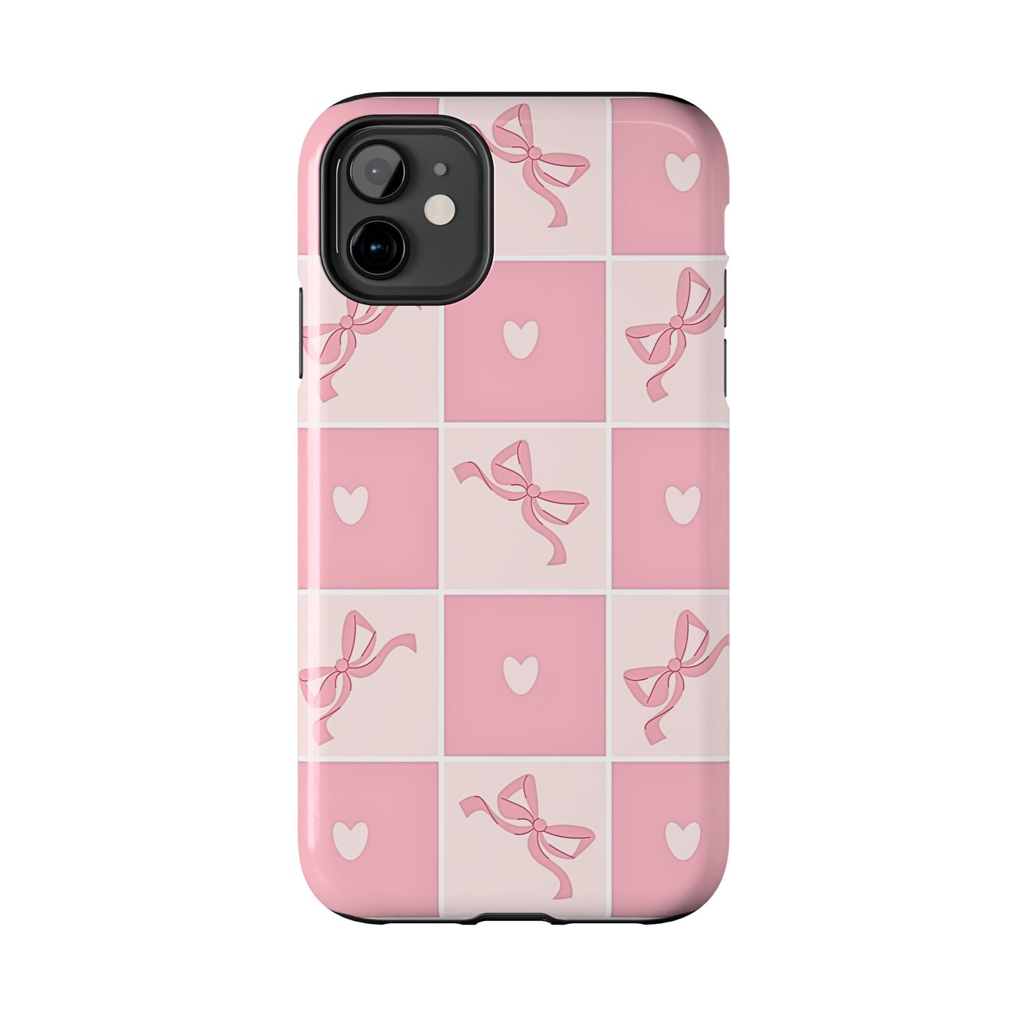 Girly Pink Bow and Heart Grid Pastel Tough Phone Case | Aesthetic