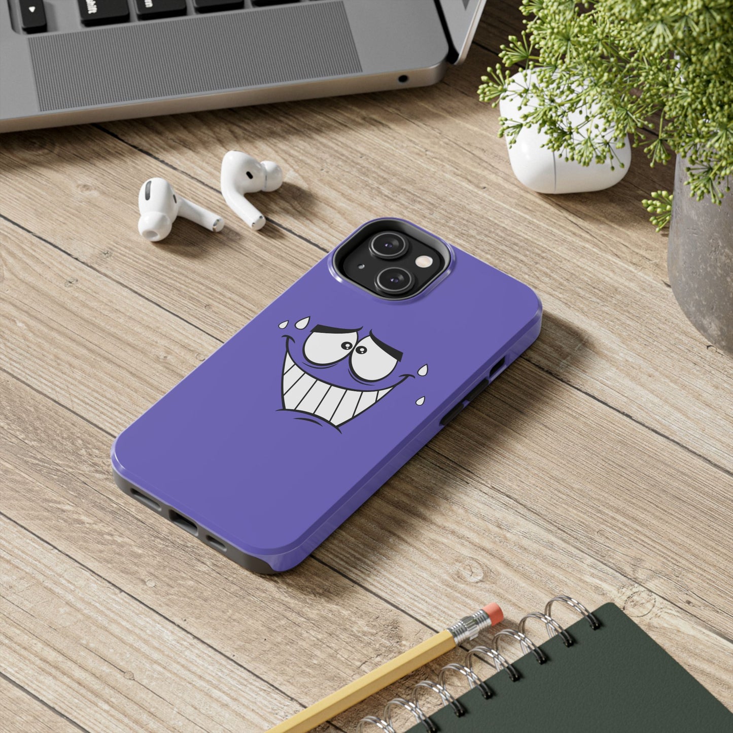 Awkward Nervous Cartoon Face Purple Background Tough Phone Case | Funny