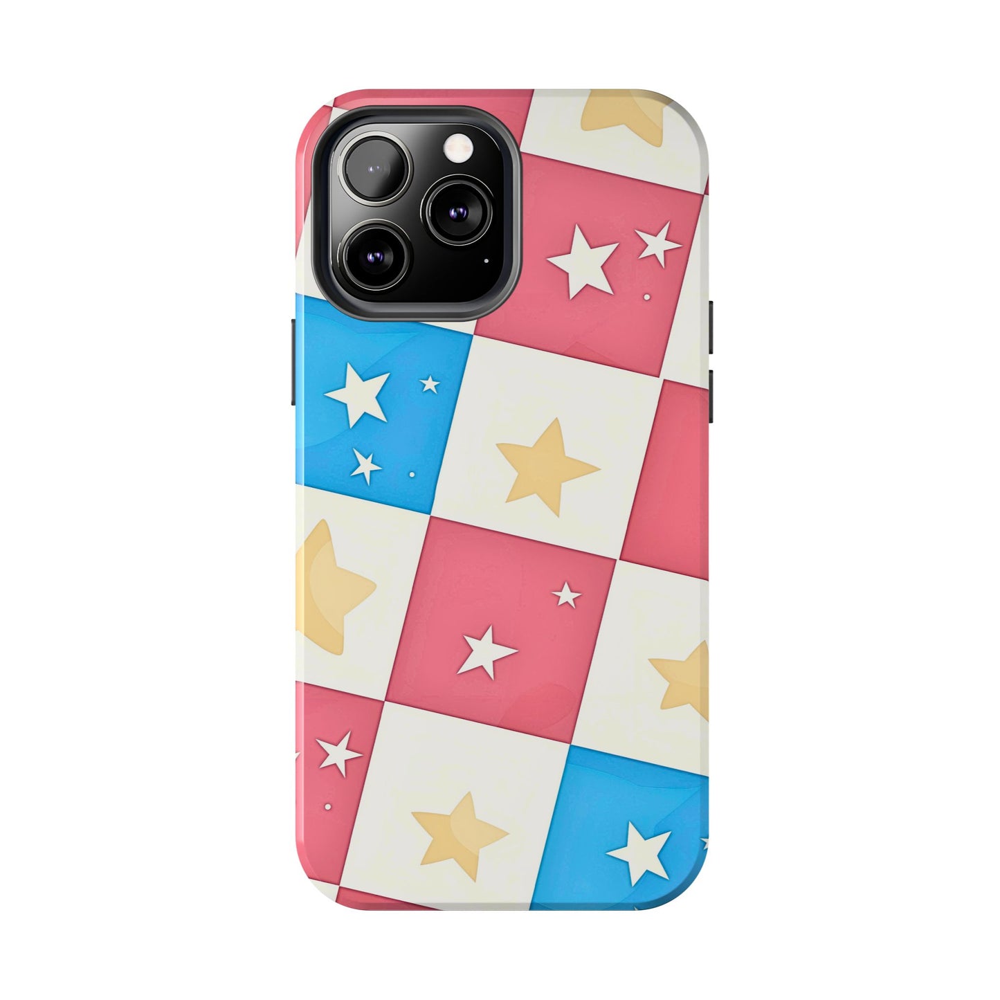 Preppy Checkered Pink & Blue Yellow Stars Tough Phone Case | Aesthetic