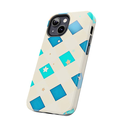 Modern Preppy Checkered Teal Stars Tough Phone Case | Aesthetic