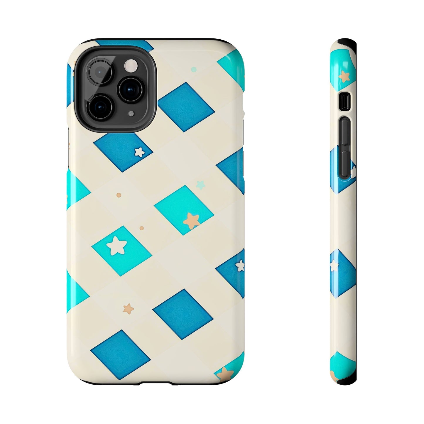 Modern Preppy Checkered Teal Stars Tough Phone Case | Aesthetic