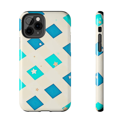 Modern Preppy Checkered Teal Stars Tough Phone Case | Aesthetic