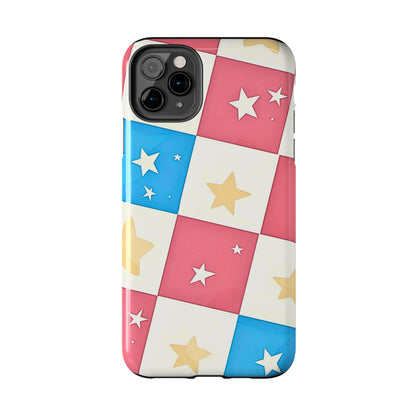 Preppy Checkered Pink & Blue Yellow Stars Tough Phone Case | Aesthetic