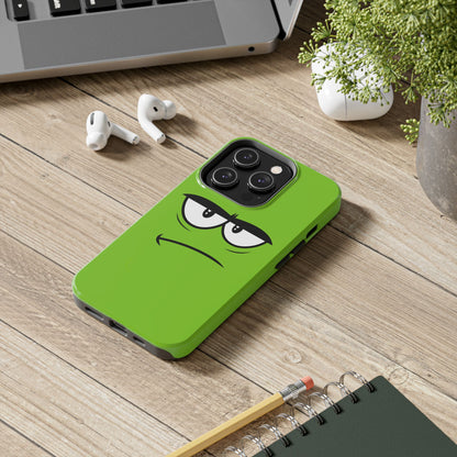 Grumpy Mood Face Green Background Funny Expression Tough Phone Case | Funny