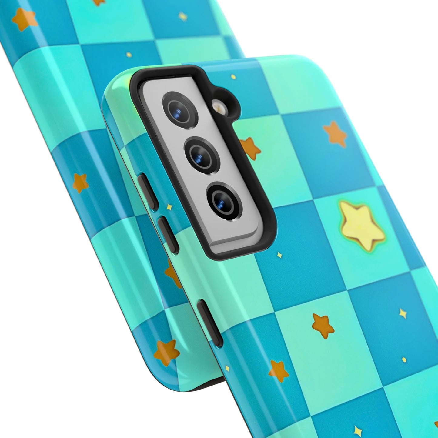 Vibrant Preppy Checkered Blue & Yellow Stars Tough Phone Case | Aesthetic