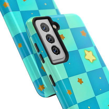 Vibrant Preppy Checkered Blue & Yellow Stars Tough Phone Case | Aesthetic