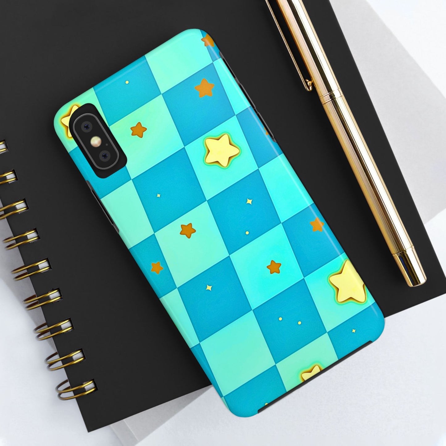 Vibrant Preppy Checkered Blue & Yellow Stars Tough Phone Case | Aesthetic