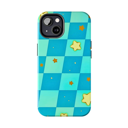 Vibrant Preppy Checkered Blue & Yellow Stars Tough Phone Case | Aesthetic