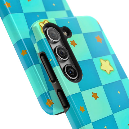 Vibrant Preppy Checkered Blue & Yellow Stars Tough Phone Case | Aesthetic