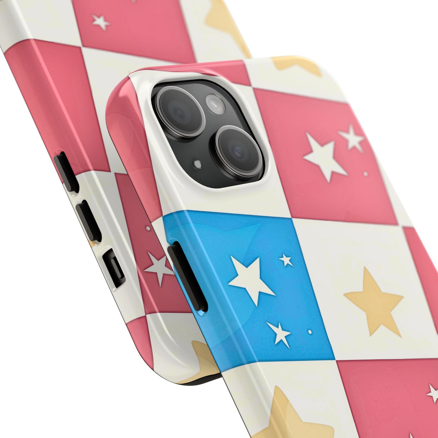 Preppy Checkered Pink & Blue Yellow Stars Tough Phone Case | Aesthetic