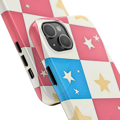 Preppy Checkered Pink & Blue Yellow Stars Tough Phone Case | Aesthetic