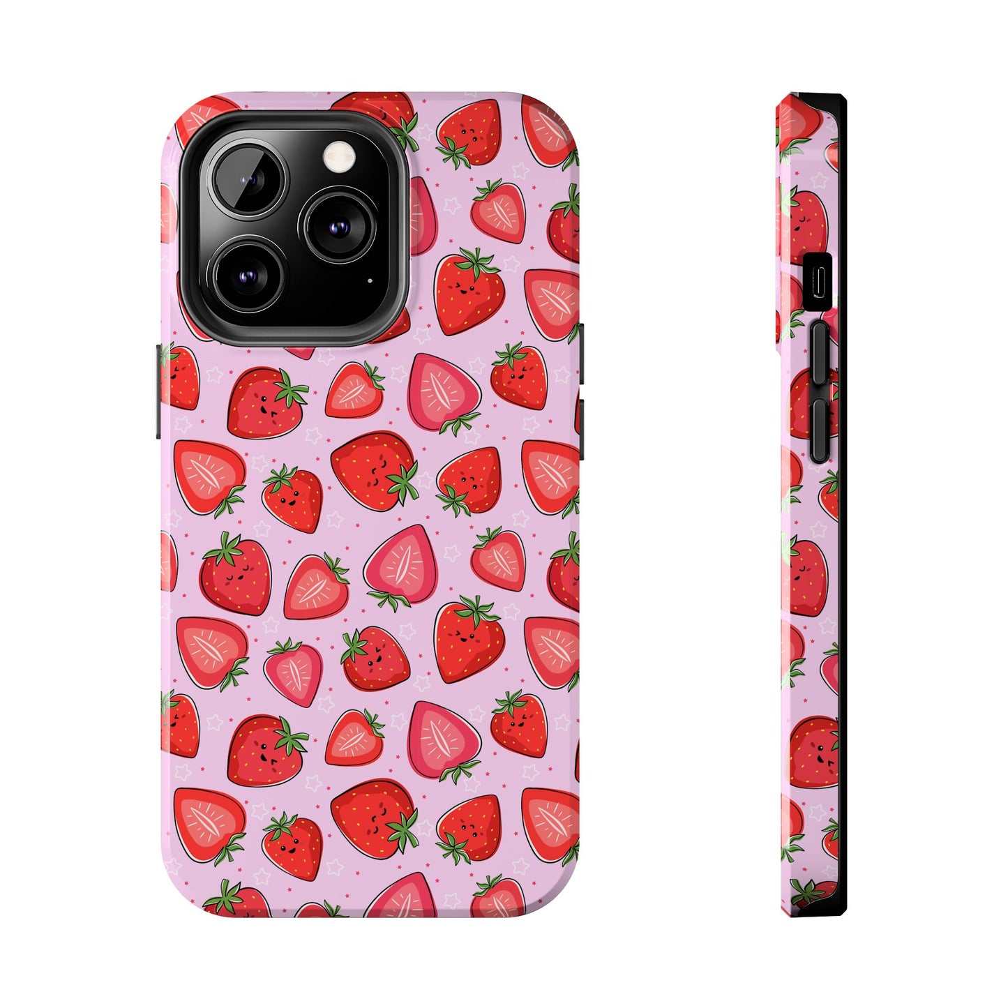 Kawaii Strawberry Cartoon Pattern Pink Aesthetic Tough Phone Case | Food