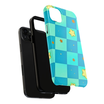 Vibrant Preppy Checkered Blue & Yellow Stars Tough Phone Case | Aesthetic