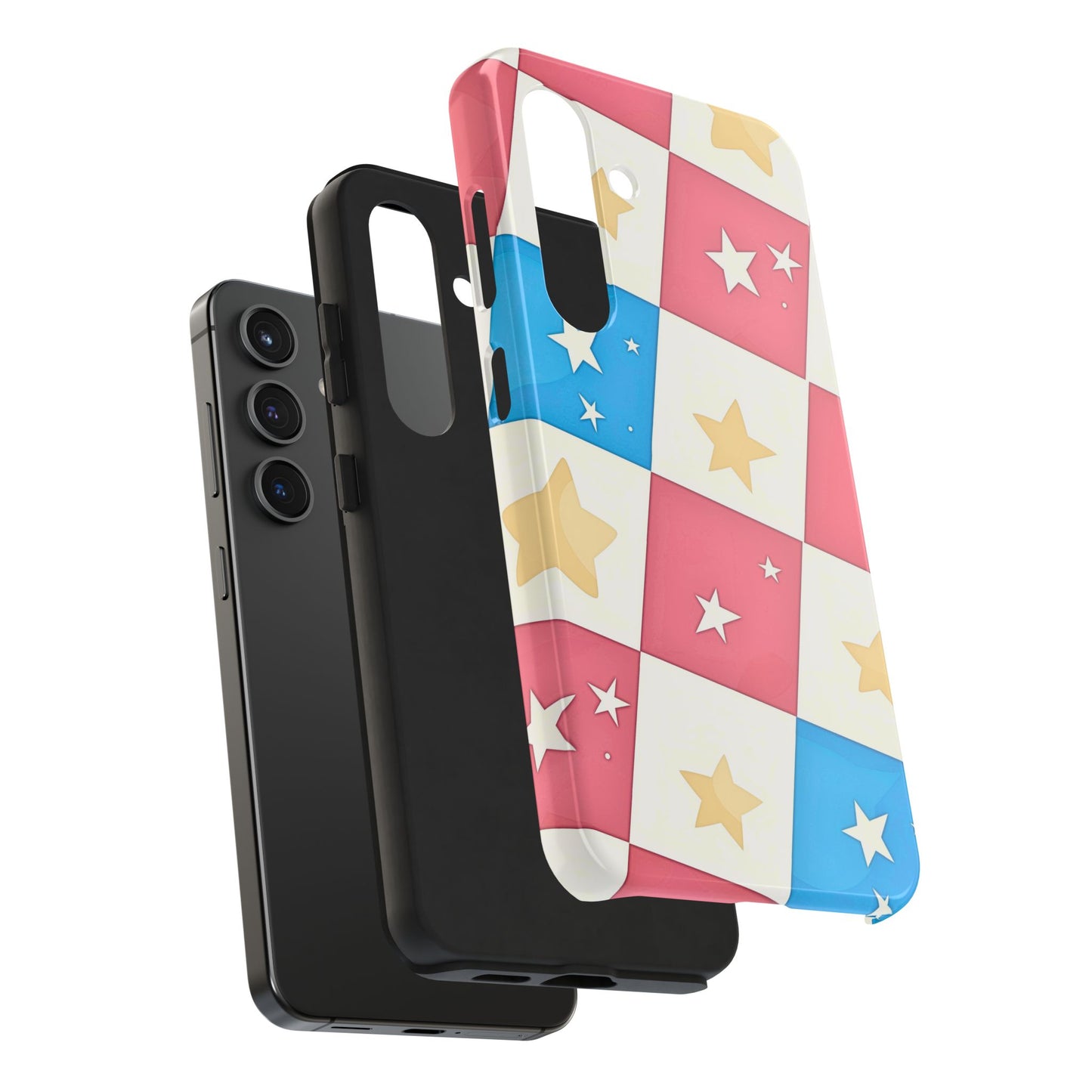 Preppy Checkered Pink & Blue Yellow Stars Tough Phone Case | Aesthetic