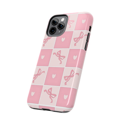 Girly Pink Bow and Heart Grid Pastel Tough Phone Case | Aesthetic
