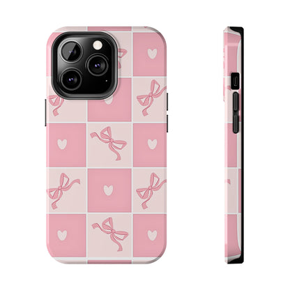 Girly Pink Bow and Heart Grid Pastel Tough Phone Case | Aesthetic
