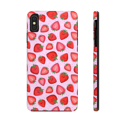 Kawaii Strawberry Cartoon Pattern Pink Aesthetic Tough Phone Case | Food