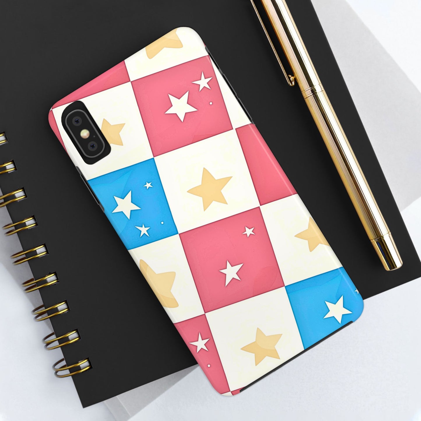 Preppy Checkered Pink & Blue Yellow Stars Tough Phone Case | Aesthetic