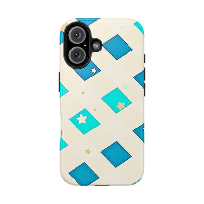 Modern Preppy Checkered Teal Stars Tough Phone Case | Aesthetic