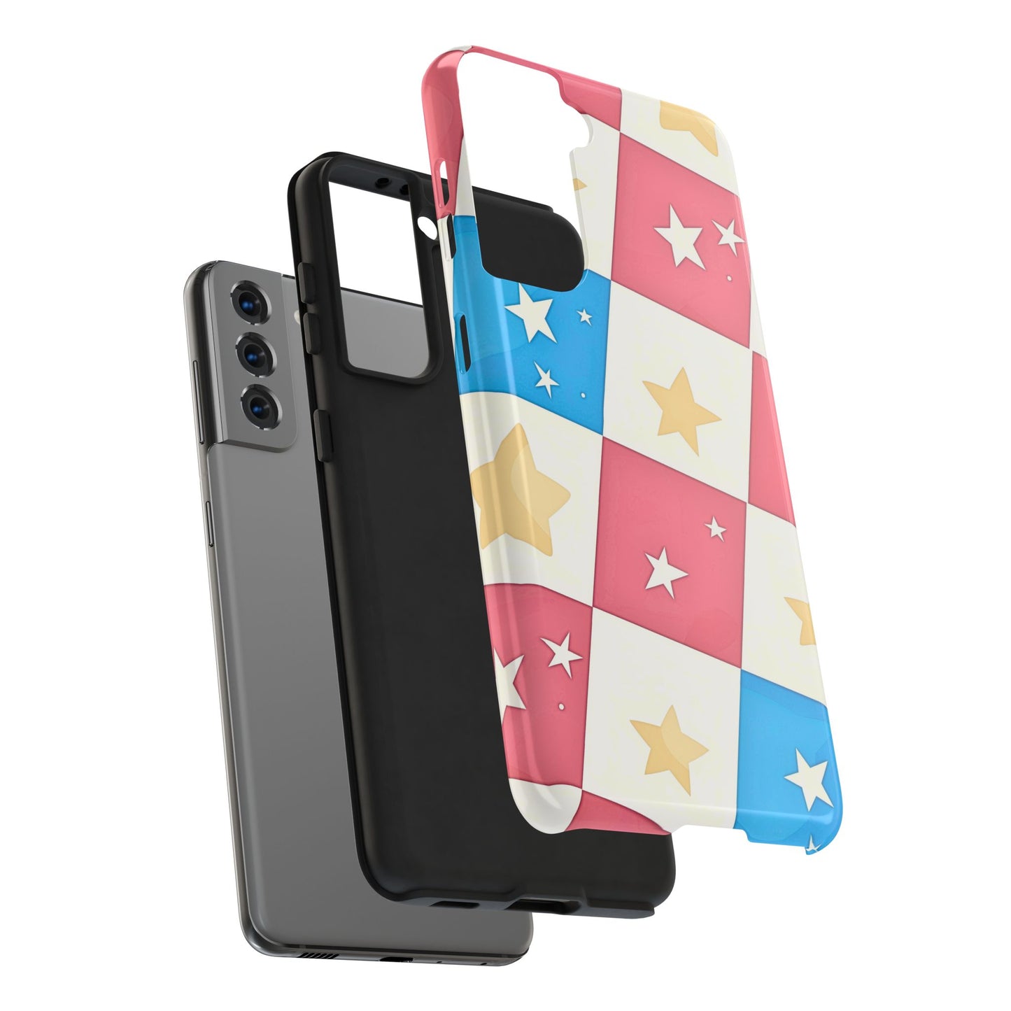 Preppy Checkered Pink & Blue Yellow Stars Tough Phone Case | Aesthetic