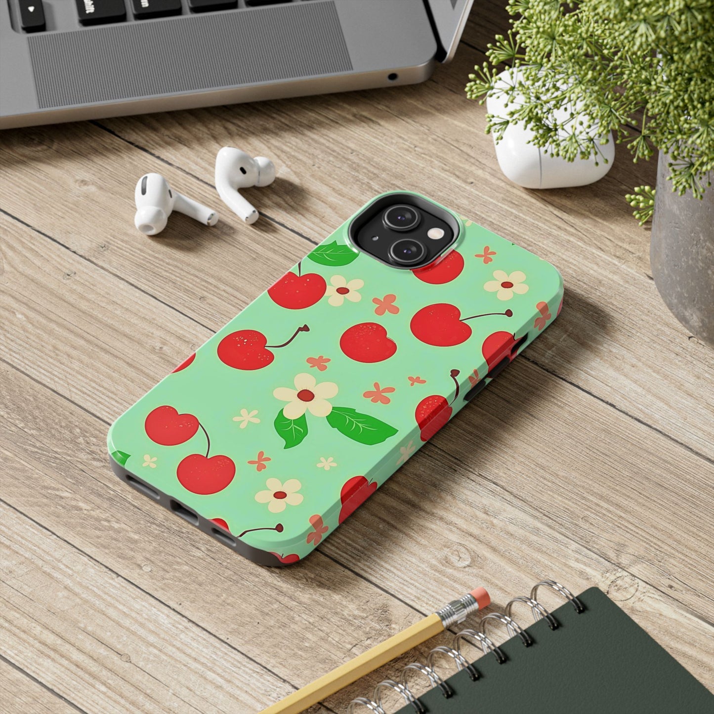 Cute Cherry Flower Pattern Mint Tough Phone Case | Aesthetic