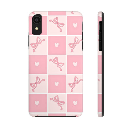 Girly Pink Bow and Heart Grid Pastel Tough Phone Case | Aesthetic